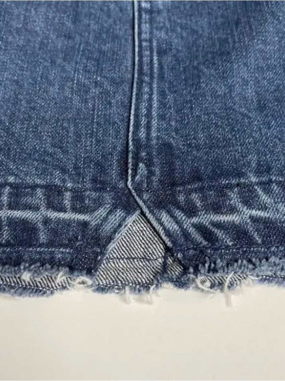 FREE PEOPLE Denim Mini Skirt in Washed Blue DISTRESSED HEM - Picture 5 of 9